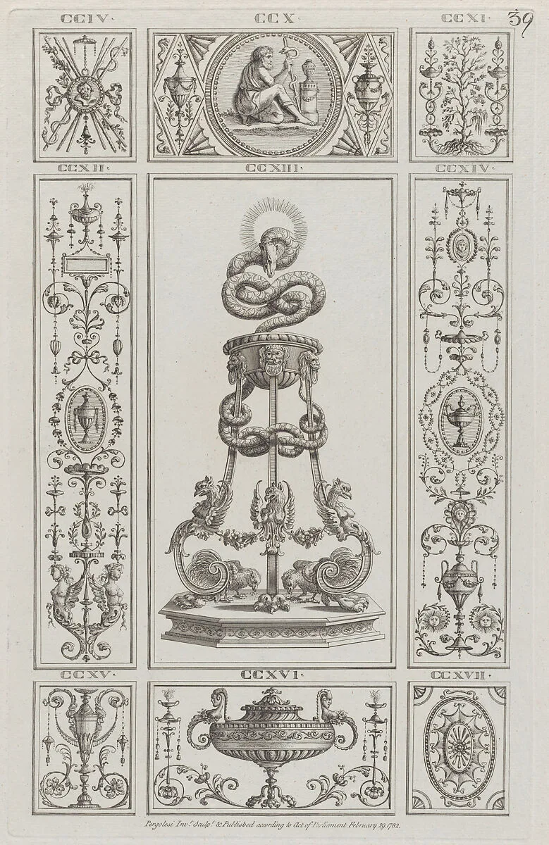 Tripod and Panels of Ornament, nos. CCIV–CCXVII, plate 39 from "Designs for Various Ornaments" — Michelangelo Pergolesi