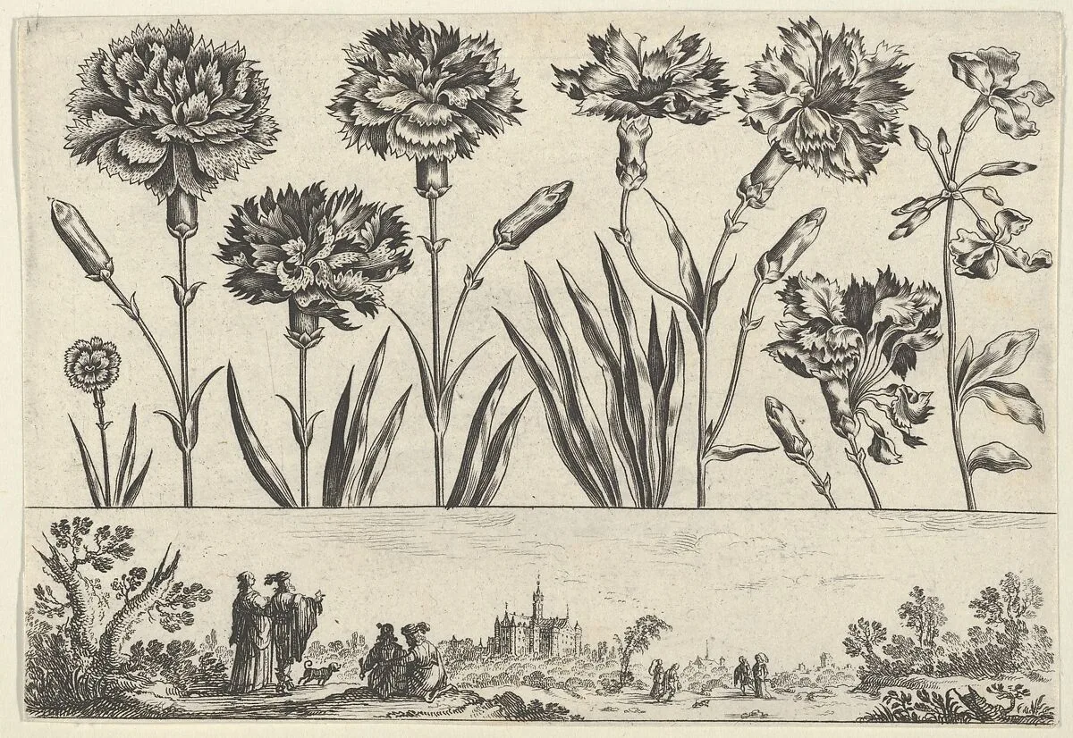Horizontal Panel with a Row of Flowers Above a Frieze with Figures in a Landscape, from "Livre Nouveau de Fleurs Tres-Util" — Nicolas Cochin|Balthazar Moncornet