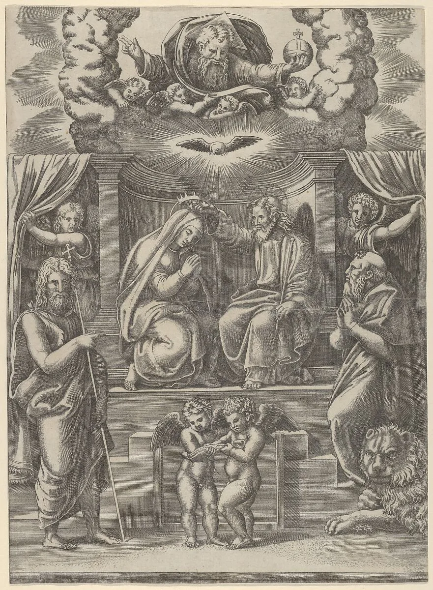 The coronation of the Virgin, God the Father above, St Jerome lower right and St John the Baptist lower left — Raphael (Raffaello Sanzio or Santi)|Master of the Die