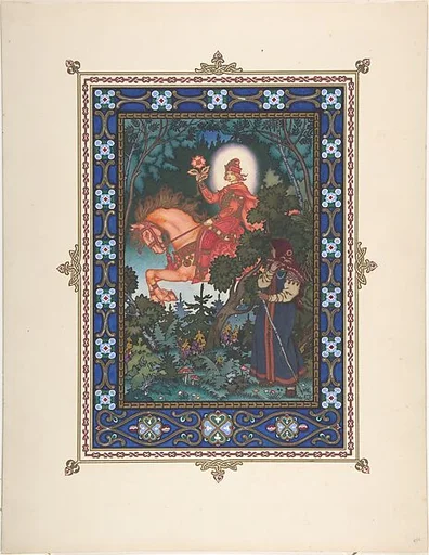 Illustration for "La Belle Vassilissa" [The Red Knight passes Vassilissa in the Forest]