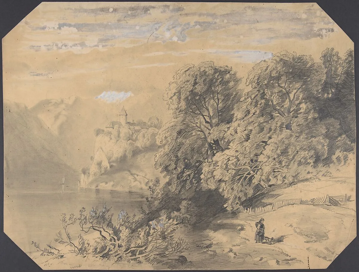 Woman with a dog by a mountain lake — Alexandre Calame