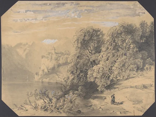 Woman with a dog by a mountain lake