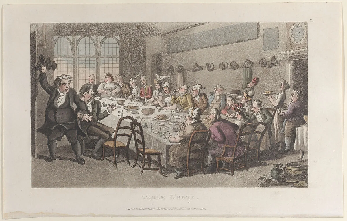 Table d'Hote, from "Journal of Sentimental Travels in the Southern Provinces of France, Shortly Before the Revolution" — J. Diggens|Rudolph Ackermann, London|William Combe|Thomas Rowlandson