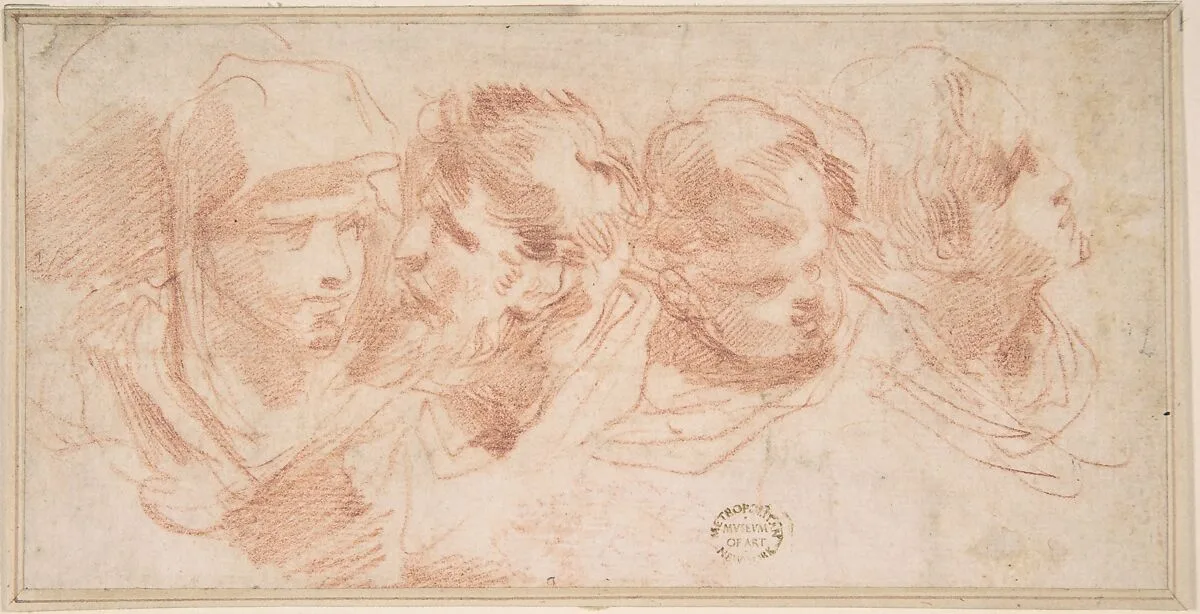 Studies of Four Heads — Anonymous, Italian, Roman-Bolognese, 17th century