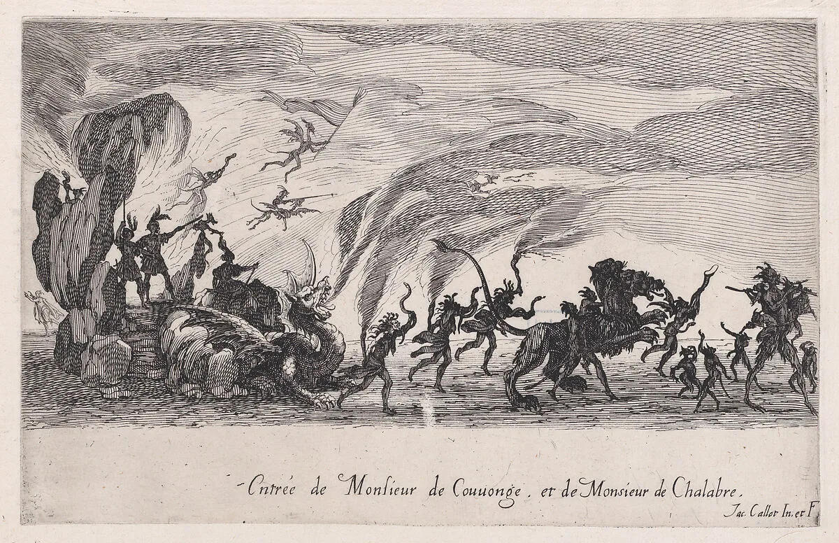 Entrée de MM. de Couvonge et de Chalabre (Entrance of Monsieur du Couvonge and of Monsieur de Chalabre), from Le Combat a la Barrière in the Palace at Nancy by Henri Humbert, printed by Sebastien Phillipe — Jacques Callot|Henri Humbert