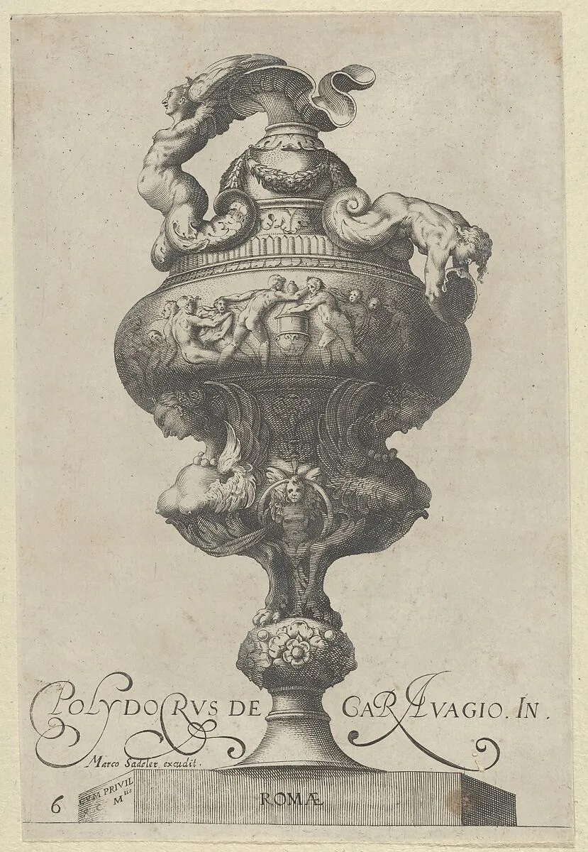 Plate 6: Vase or Ewer with a Frieze Containing Naked Figures, Supported Below by Two Female Sphinxes, from Antique Vases (Vasa a Polydoro Caravagino) — Cherubino Alberti (Zaccaria Mattia)|Polidoro da Caravaggio|Aegidius Sadeler II|Marcus Sadeler