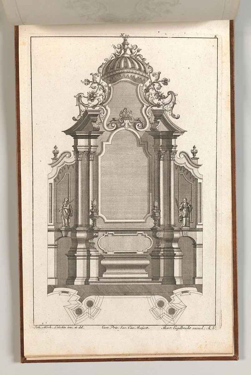 Design for a Monumental Altar, Plate k from 'Unterschiedliche Neu Inventierte Altäre mit darzu gehörigen Profillen u. Grundrißen.' — Martin Engelbrecht|Carl Pier|Franz Xavier Habermann|Jeremias Wachsmuth