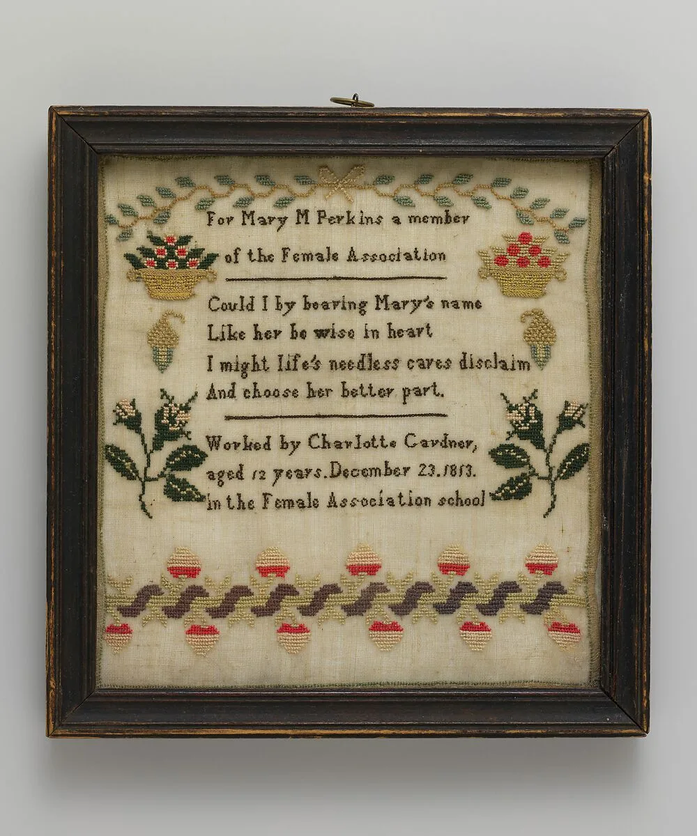 Embroidered Sampler made at the Female Association Quaker School — Charlotte Gardner