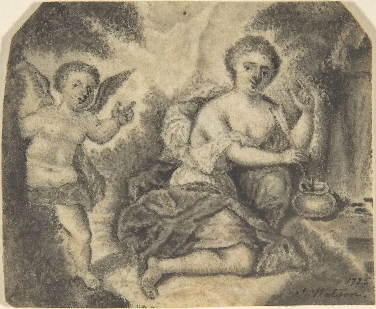 Venus Dipping an Arrow Into a Pot with Cupid to the Left — S. Watson