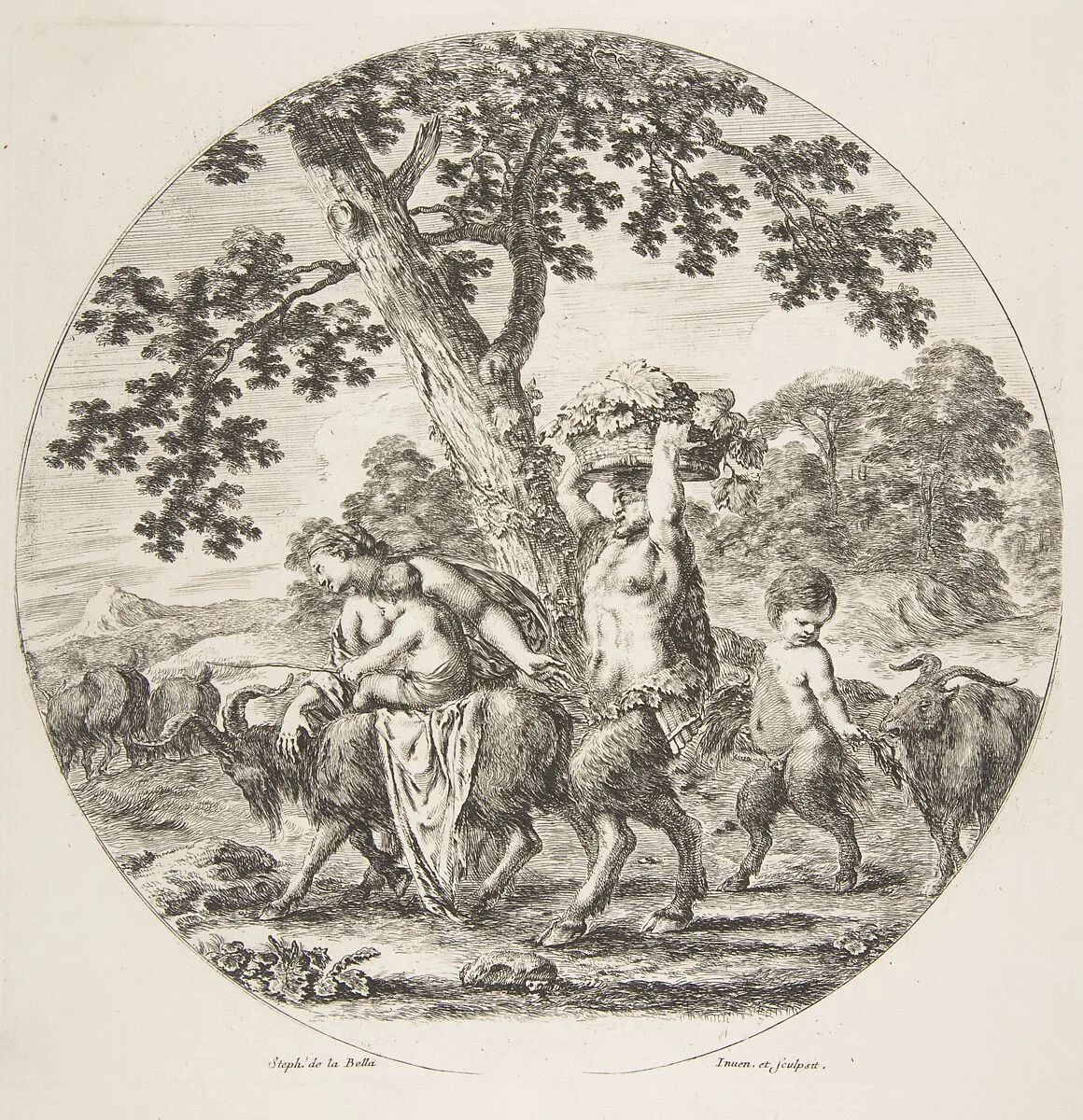 Satyr family walking towards the left with two goats and a basket of grapes — Stefano della Bella