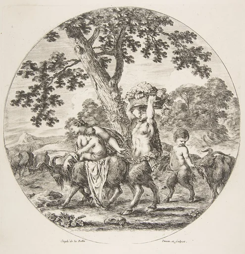 Satyr family walking towards the left with two goats and a basket of grapes