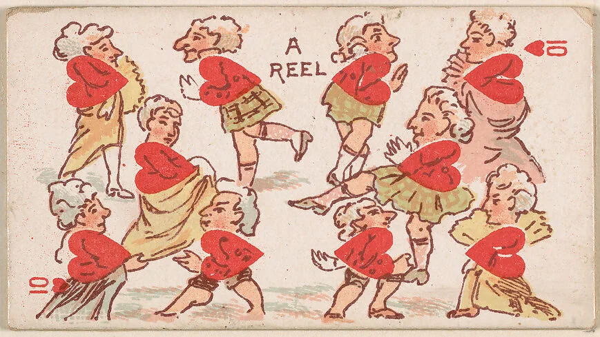 Ten of Hearts, A Reel, from Harlequin Cards, 2nd Series (N220) issued by Kinney Bros. — Kinney Brothers Tobacco Company