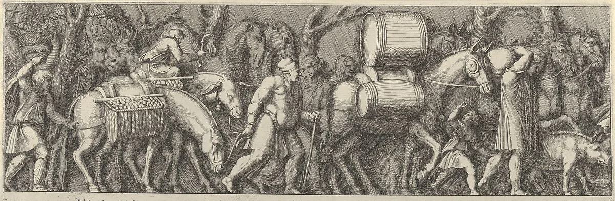 Plate 4: animals transporting goods being led by figures going to the right — Pietro Santi Bartoli|Polidoro da Caravaggio|Giovanni Giacomo De Rossi