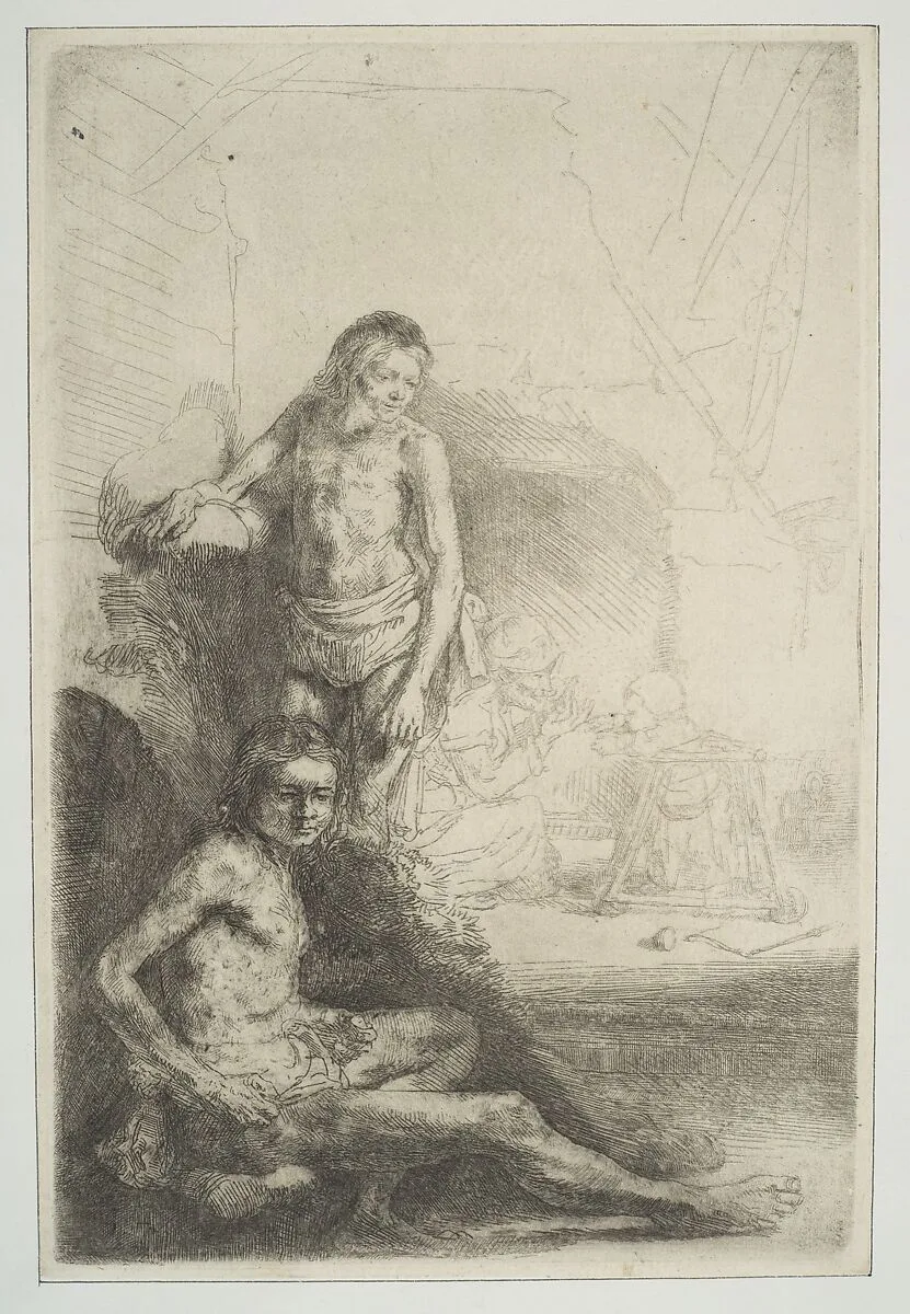 Nude Man Seated and Another Standing, with a Woman and a Baby Lightly Etched in Background — Rembrandt (Rembrandt van Rijn)