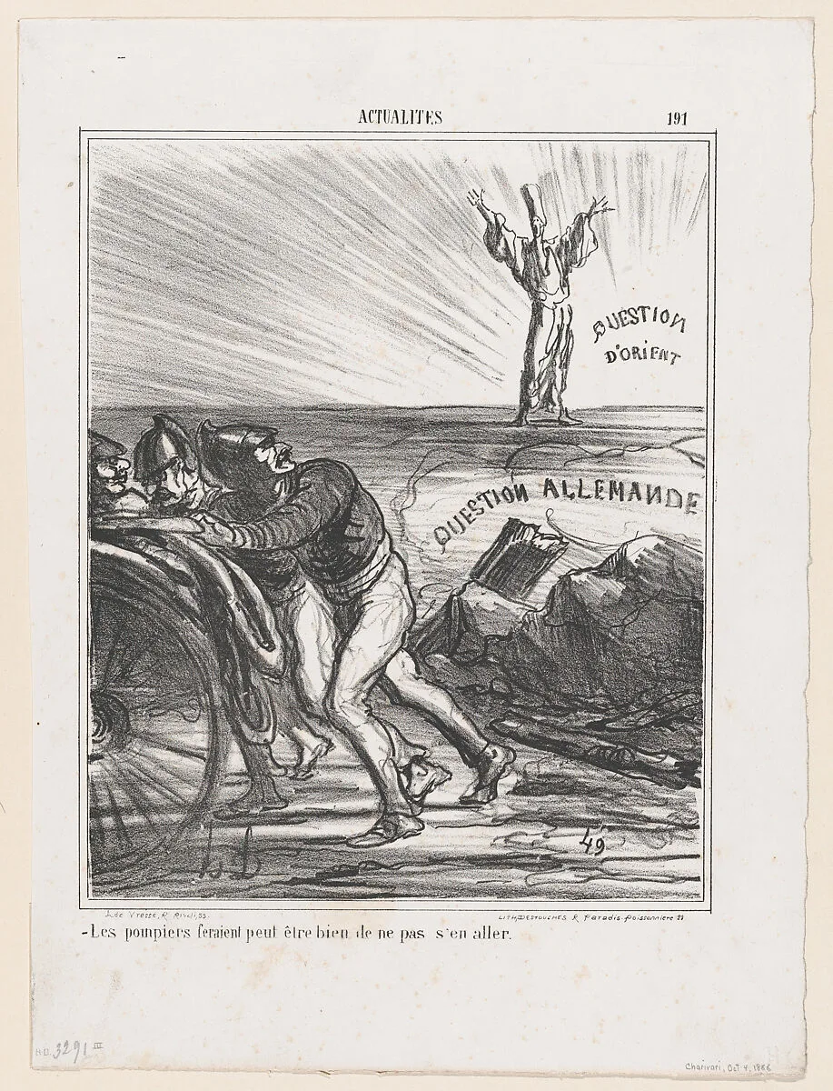 Maybe the firemen really shouldn't leave just yet, from 'News of the day,' published in "Le Charivari" — Arnaud de Vresse|Destouches|Honoré Daumier