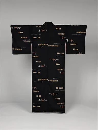 黒地絣戦闘機日の丸模様着物|Woman’s Kimono with Warplanes and Flags of Japan