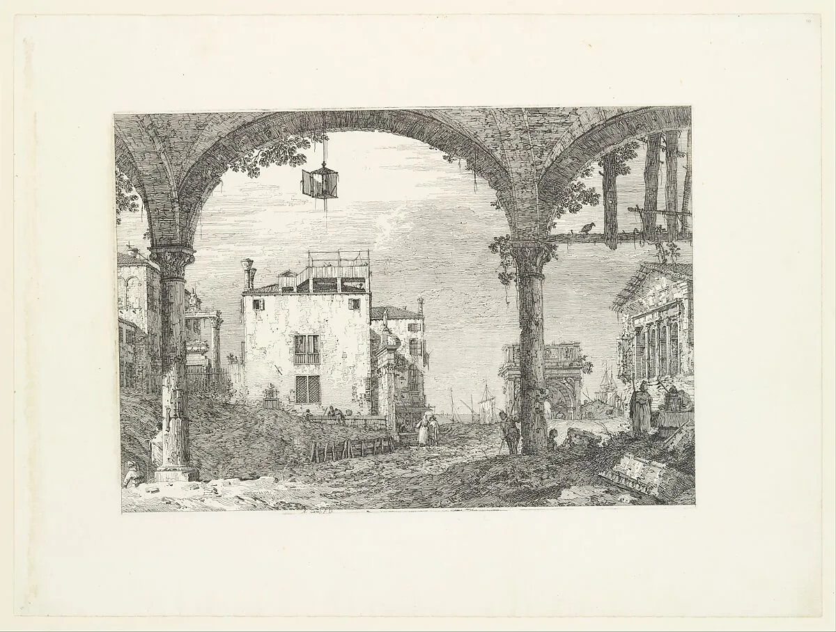 A three-arched portico with an open lantern hanging at center, a triumphal arch and ruins of a classical temple in the background, from 'Views' (Vedute altre prese da i luoghi altre ideate da Antonio Canal) — Joseph Smith|Canaletto (Giovanni Antonio Canal)