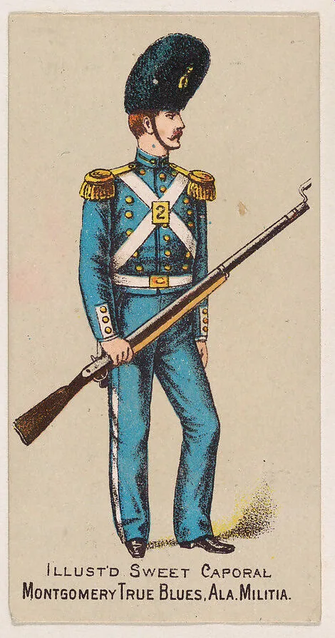 Montgomery True Blues, Alabama Militia, from the Military Series (N224) issued by Kinney Tobacco Company to promote Sweet Caporal Cigarettes — Kinney Brothers Tobacco Company