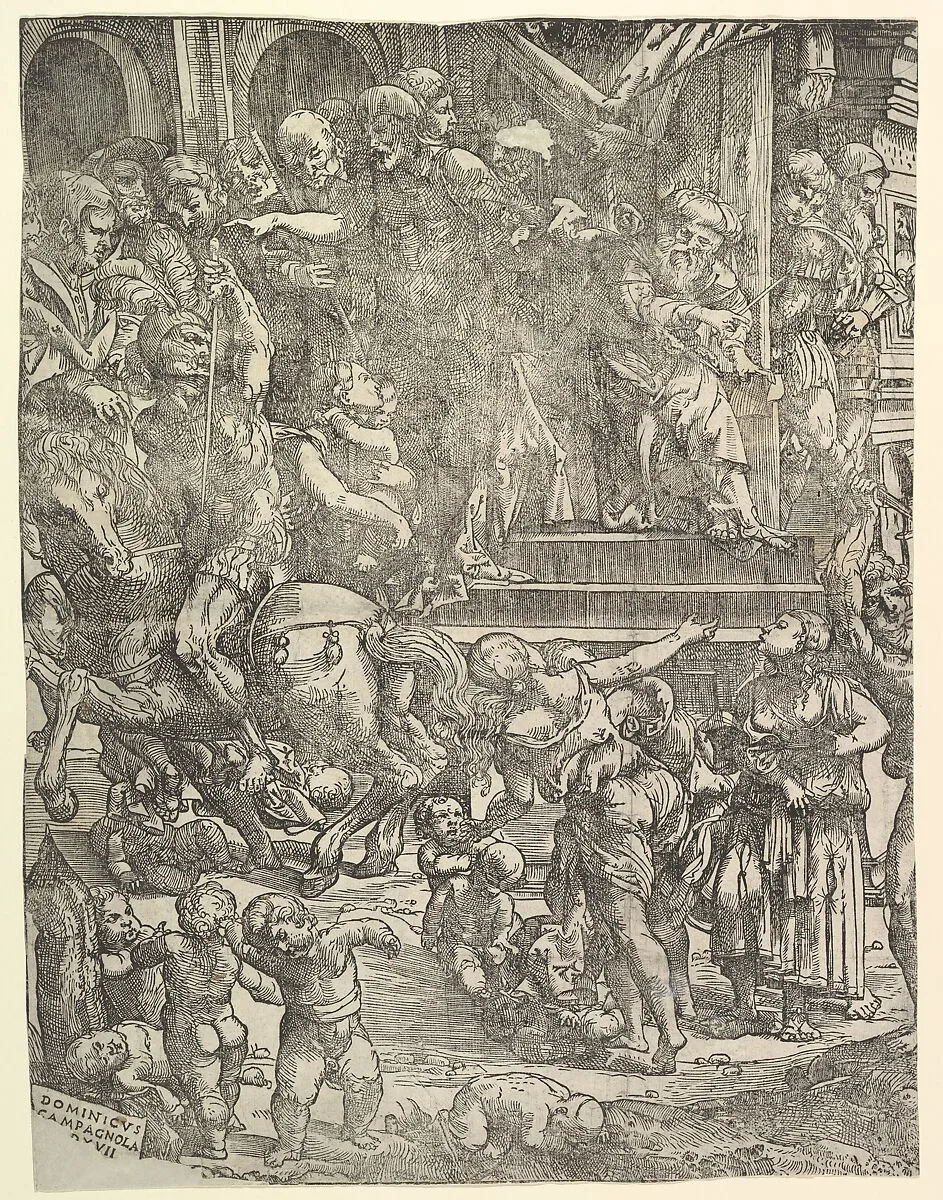 The Massacre of the Innocents (Left side), with man on horseback at center left, women and children below, group of figures standing on steps above, Herod seated on throne at upper right — Domenico Campagnola