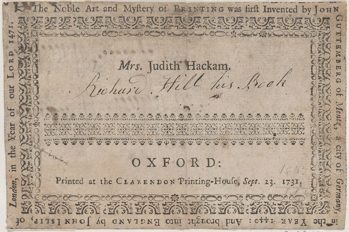 Book Label for Mrs. Judith Hackam — Anonymous, British, 18th century
