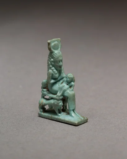 Isis nursing Horus on throne supported by striding lions