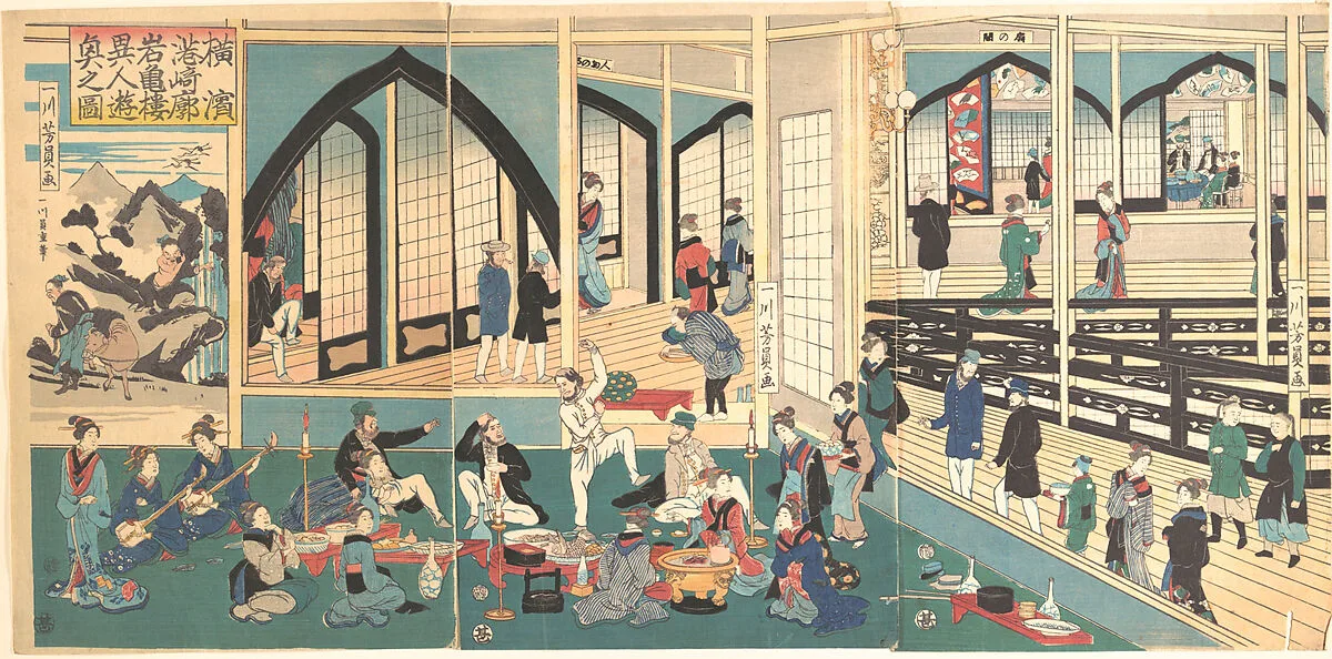 Yokohama Miyozaki-kaku Gankirō ijin yūkyō no zu|Foreigners Enjoying a Party at the Gankirō Tea House — Utagawa Yoshikazu