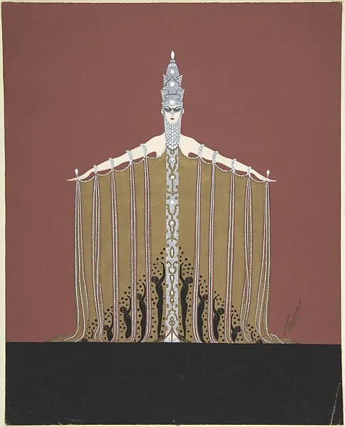 "La Domination" Beaded Costume Design with Silver Headdress and Gold Curtain Draped from Arms for "L'Or," Ziegfield Follies — Erté (Romain de Tirtoff)