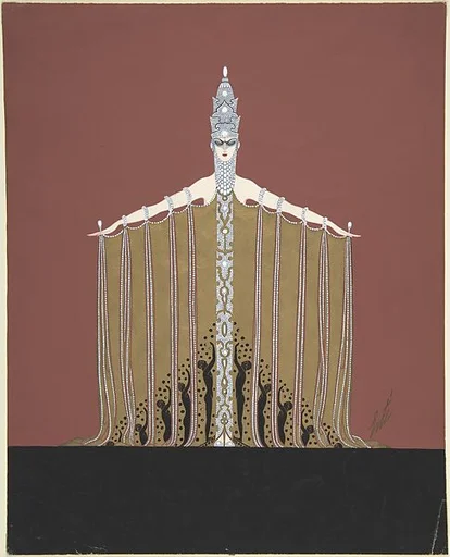 "La Domination" Beaded Costume Design with Silver Headdress and Gold Curtain Draped from Arms for "L'Or," Ziegfield Follies