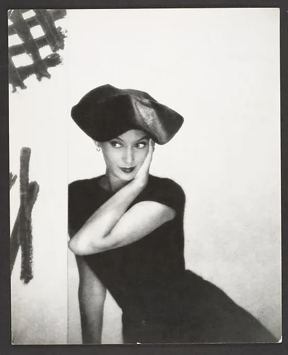 [Fashion Study of a Woman in Black Hat and Dress]