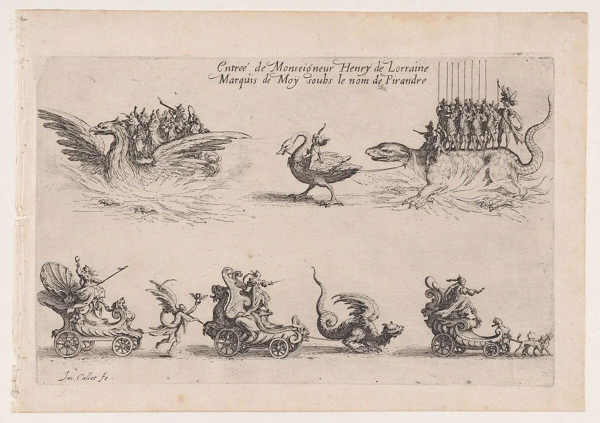 Entrée de Monseigneur Henry de Lorraine (Entrance of Henry de Lorraine), from Le Combat a la Barrière in the Palace at Nancy by Henri Humbert, printed by Sebastien Phillipe — Henri Humbert|Jacques Callot
