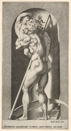 Plate 1: Saturn in a niche devouring his son, standing before a scythe, from "Mythological Gods and Goddesses"