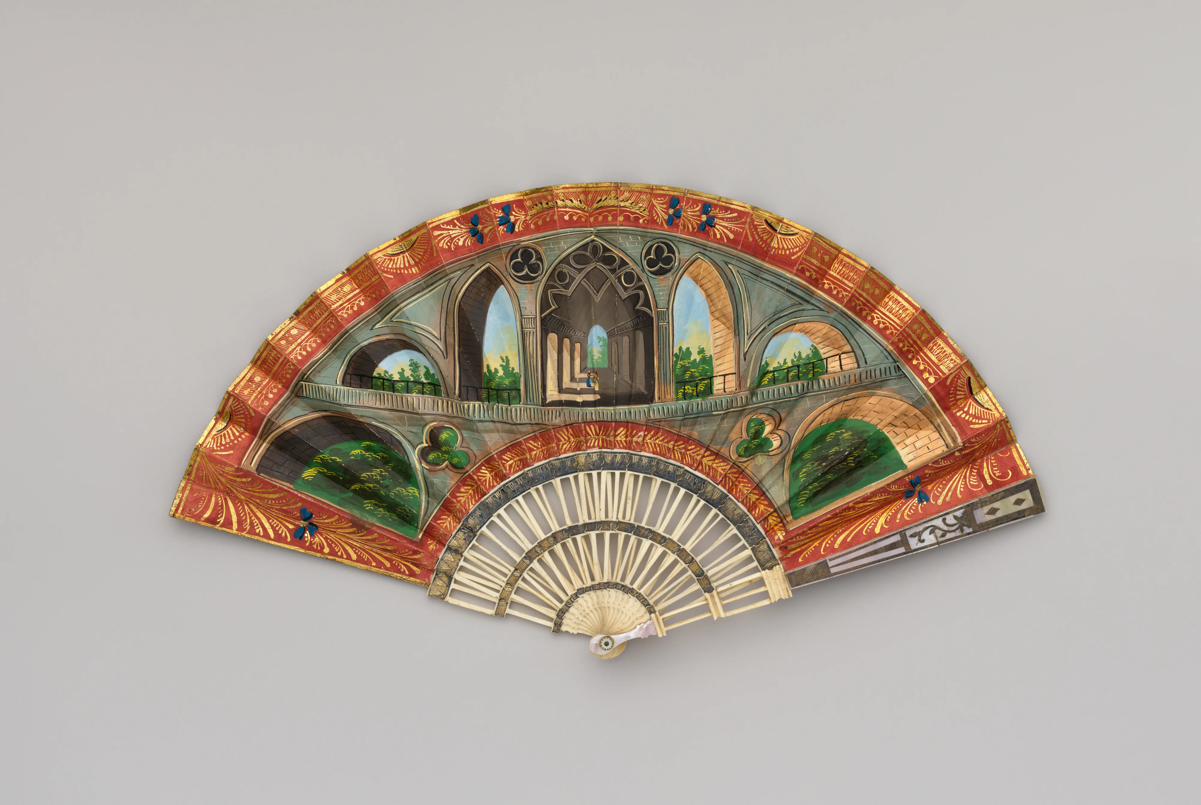 Folding Fan with Representation of a Gothic Revival Arcade, perhaps a Souvenir of Stowe — Unknown