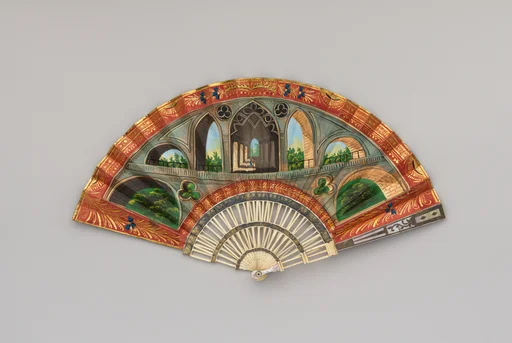 Folding Fan with Representation of a Gothic Revival Arcade, perhaps a Souvenir of Stowe