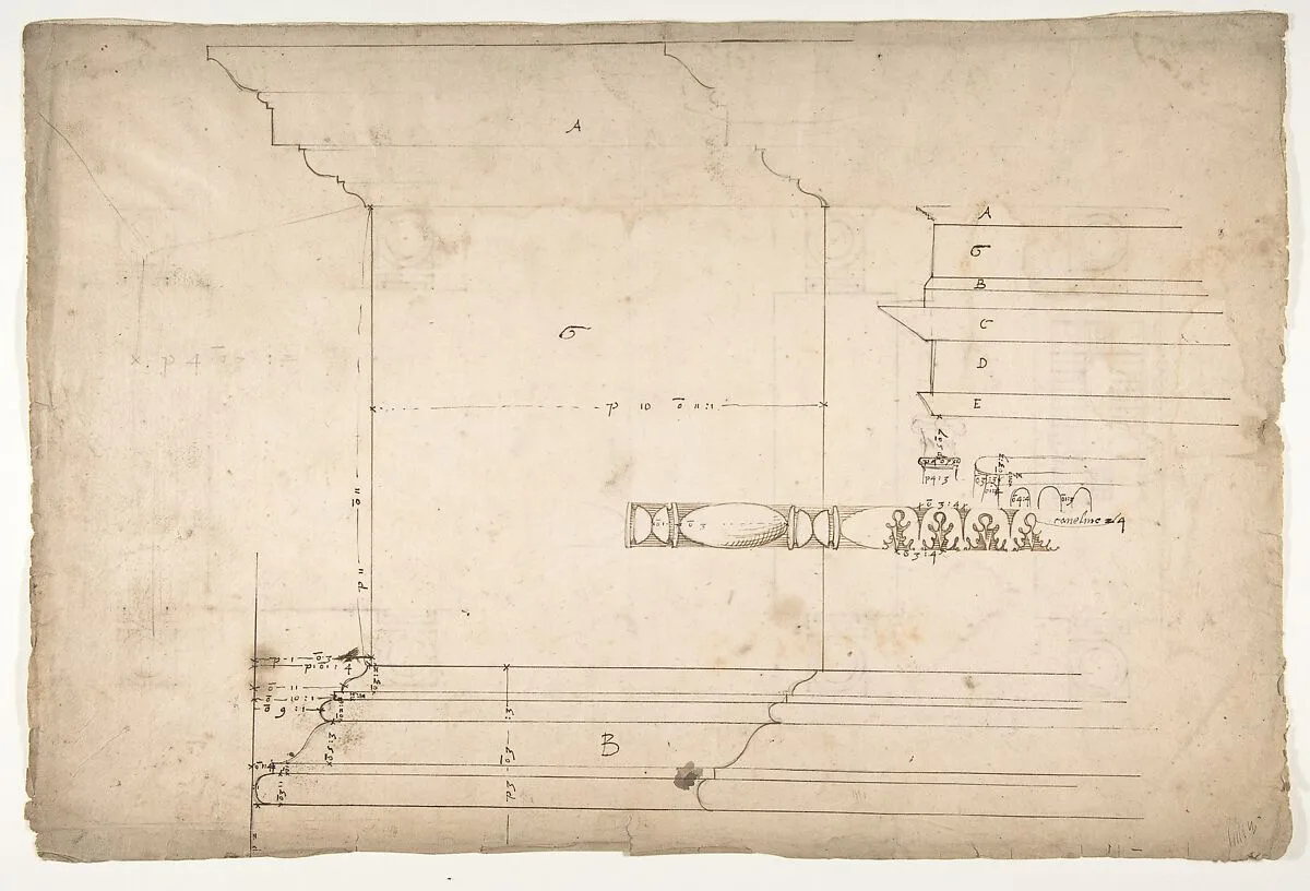 Forum of Nerva, colonnade, profiles of attic and entablature, architrave and column detail (recto) Arch of Constantine, plan (verso) — Anonymous, French, 16th century