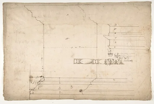 Forum of Nerva, colonnade, profiles of attic and entablature, architrave and column detail (recto) Arch of Constantine, plan (verso)