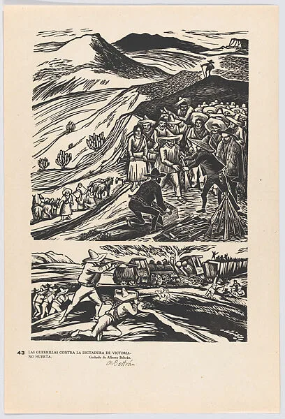 Plate 43: two scenes relating to the activities of the guerillas fighting against the regime Victoriano Huerta, from the portfolio 'Estampas de la revolución Mexicana' (prints of the Mexican Revolution) — Alberto Beltrán|Taller de Gráfica Popular