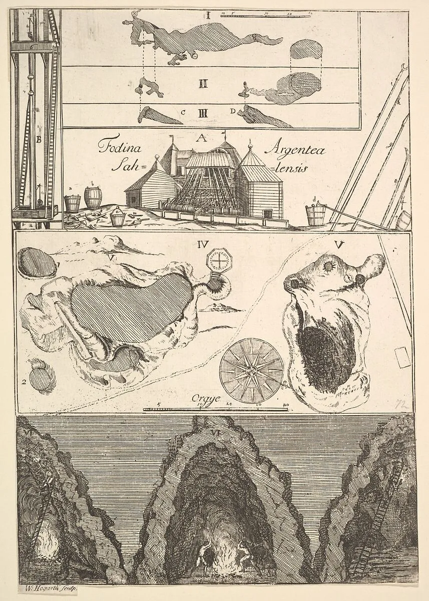 Fodina argentea Sahlensis – A Silver Mine at Sala - I (from Aubry de La Mottraye's "Travels throughout Europe, Asia and into Part of Africa...," London, 1724, vol. II, pl. 33, no. 1) — William Hogarth|Aubry de La Mottraye
