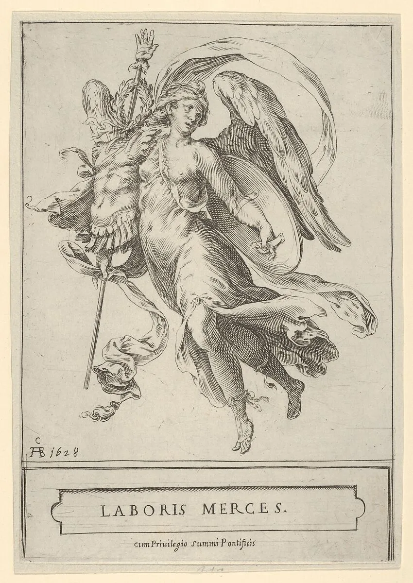 Winged Victory holding a trophy of arms in her right hand and a shield in her left — Cherubino Alberti (Zaccaria Mattia)