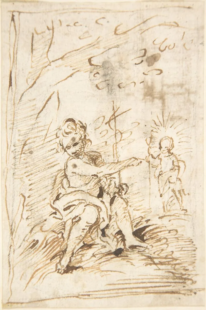 The Infant Saint John the Baptist with the Infant Christ in the Wilderness (recto); Fragment of Architectural Design with Engaged Corinthian Columns (verso) — Anonymous, Spanish, 17th century|Pedro Duque Cornejo
