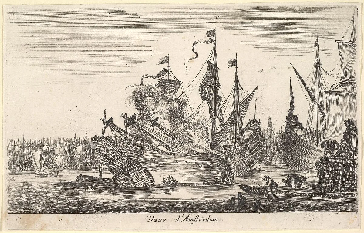 View of the Amsterdam seaport (Veue d'Amsterdam), men in rowboats work on a ship in center, other men stand on a dock to right, from 'Views of seaports' (Vues de ports de mar) — Stefano della Bella