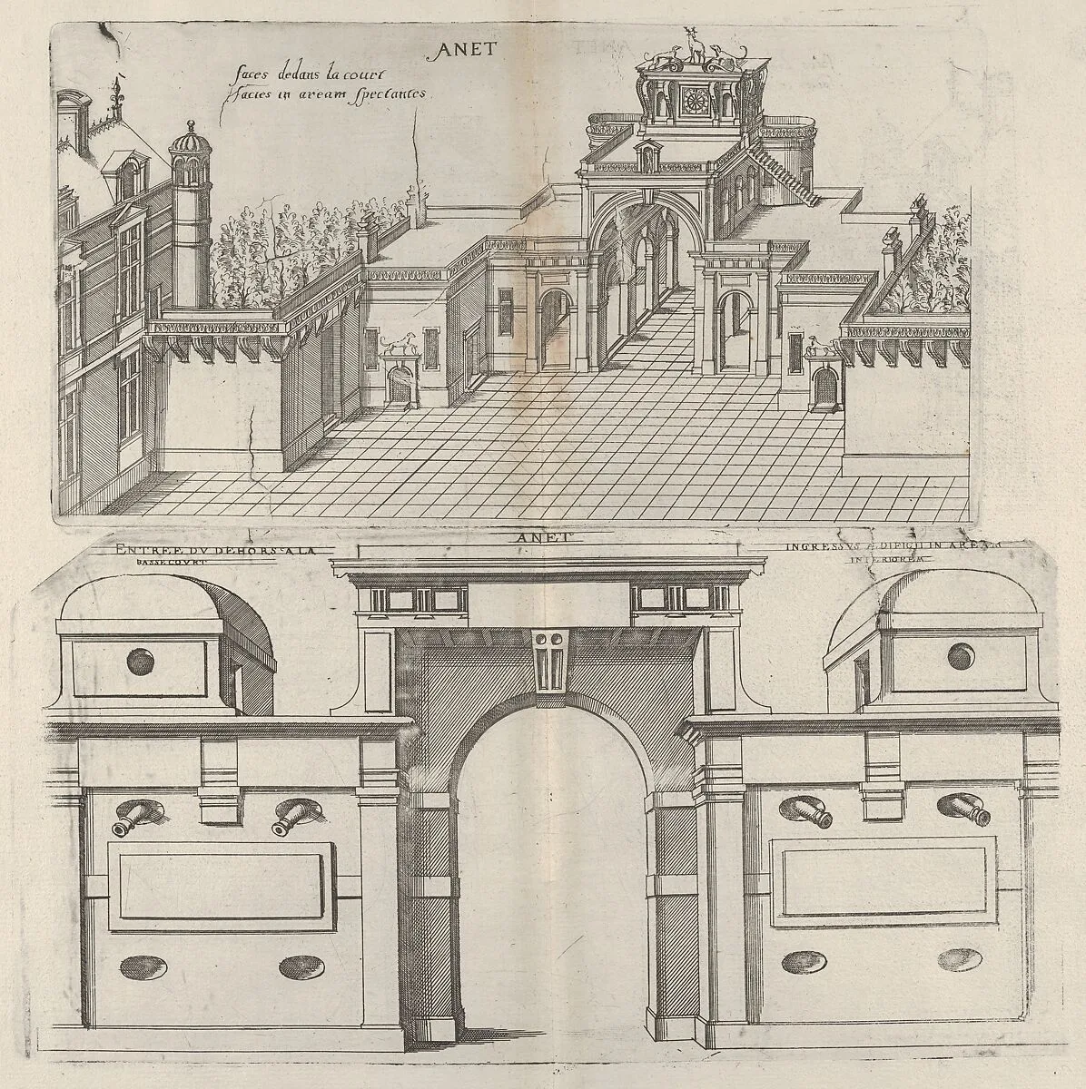 Interior View of the Court Yard and Frontal View of the Defense Mechanism at Chateau d'Anet — Jacques Androuet Du Cerceau