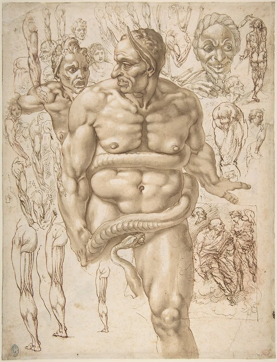 Nude Demon Encircled by a Serpent, after Michelangelo's Last Judgment; and Other Figure Studies (recto); Figure Studies (verso) — Giovanni Ambrogio Figino