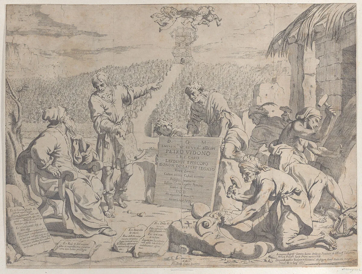 Stonemasons carving the arms of the Bolognese Cardinal Petro Vidono, under his direction — Elisabetta Sirani|Anonymous