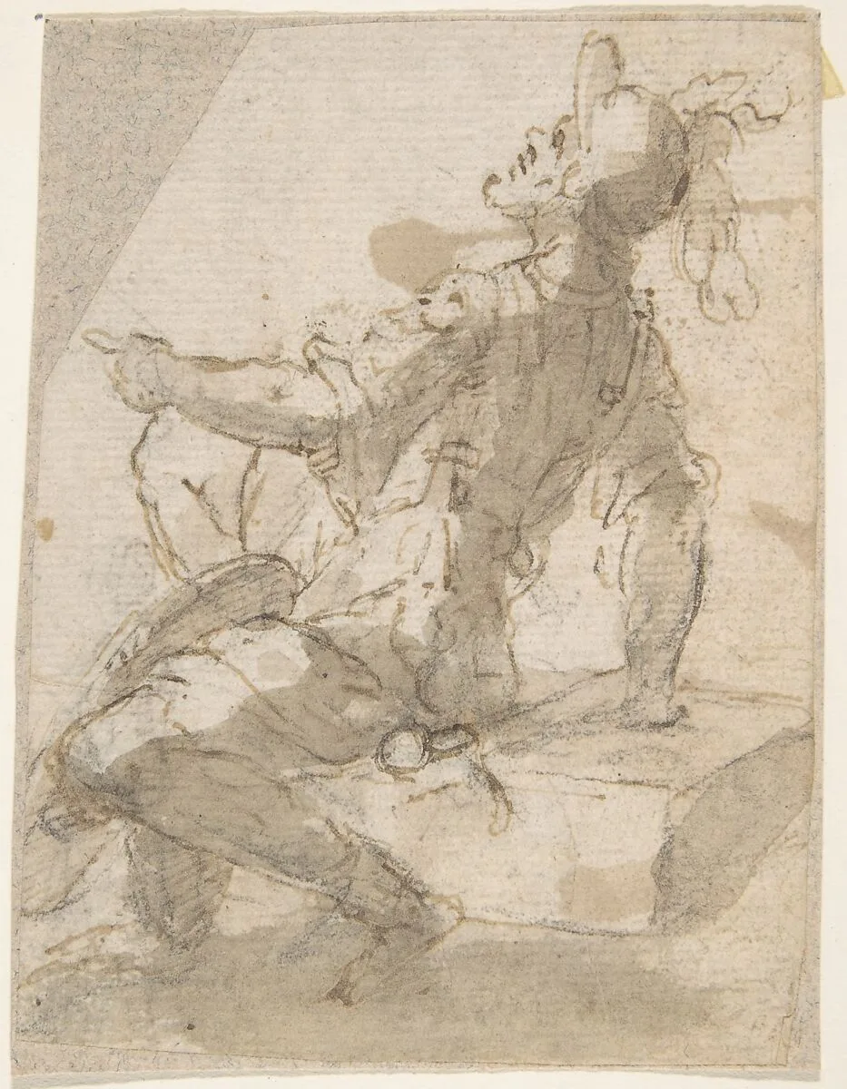 Startled Figure of a Soldier Seated on a Block — Anonymous, Spanish, School of Seville, 17th century