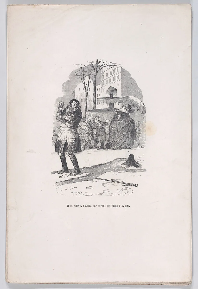 "He gets up, covered from head to toe in snow." from the Little Miseries of Human Life — Henri Fournier|Paul-Emile-Daurand Forgues|J. J. Grandville