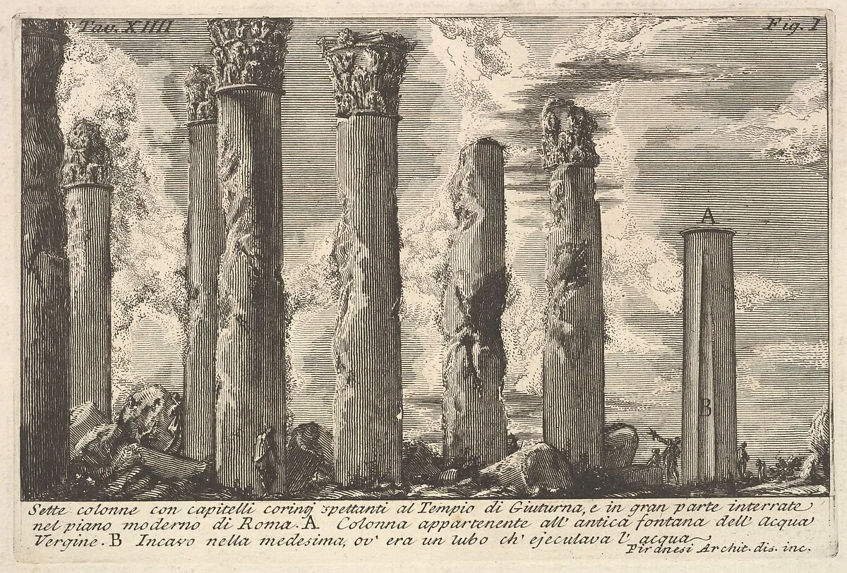 Seven columns of the Temple of Juturna with Corinthian capitals . . . (Sette colonne con capitelli corinti spettanti al Tempio di Giuturna . . .) — Giovanni Battista Piranesi