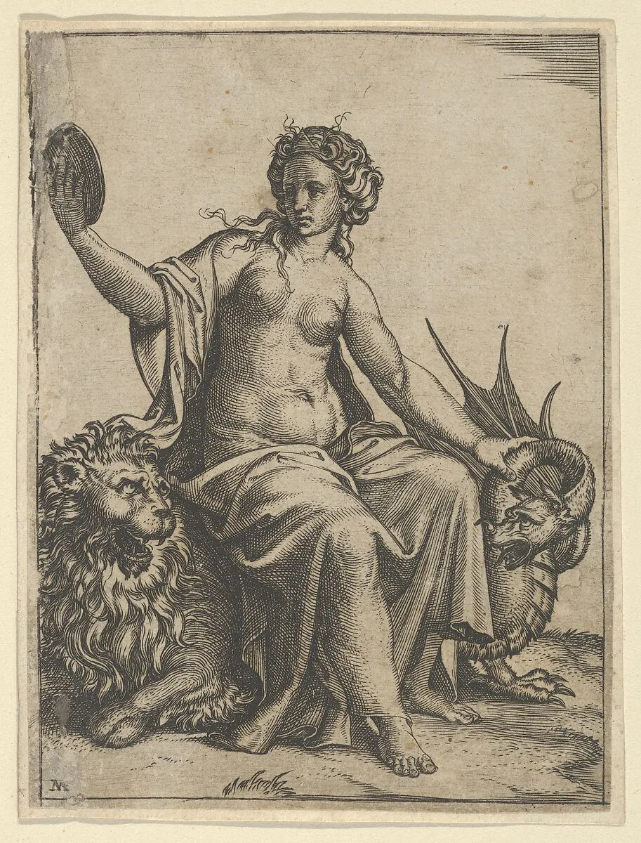 Prudence as a young woman, sitting on a lion and holding the neck of a dragon with her left hand, holding a mirror in her right hand — Marcantonio Raimondi