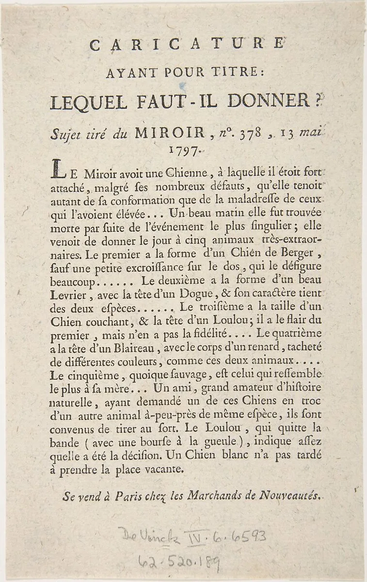 Caricature, Ayant Pour Titre: Lequel Faut-il Donner?, Sujet tiré du Miroir, no. 378, 13 Mai, 1797 — Anonymous, French, 18th century