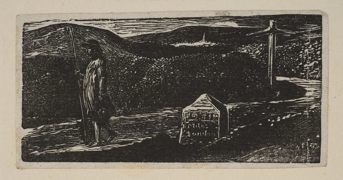 Colinet's Journey, Milestone Marked 'LXII Miles to London', from Thornton's "Pastorals of Virgil" — William Blake|Robert John Thornton|Virgil