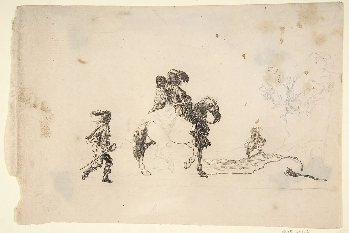 Two Figures on Horseback, a Soldier Walking Behind — Stefano della Bella